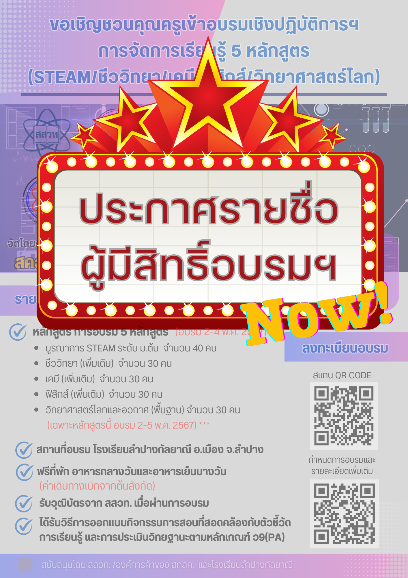 ประกาศรายชื่อ ผู้ได้รับคัดเลือกให้เข้าร่วมอบรมเชิงปฏิบัติการเทคนิคการจัดการเรียนรู้วิทยาศาสตร์ตามหลักสูตร สสวท. ปี 2567